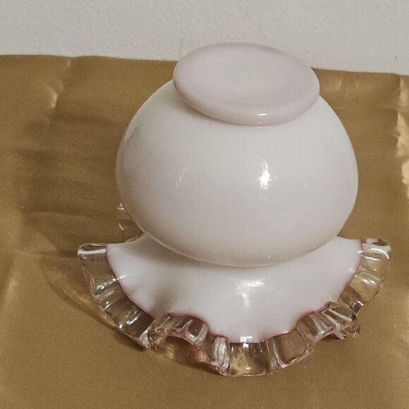 Vintage FENTON Cased Milk Glass Silver Crest White Rose Bowl Pink Ruffled - Picture 7 of 10